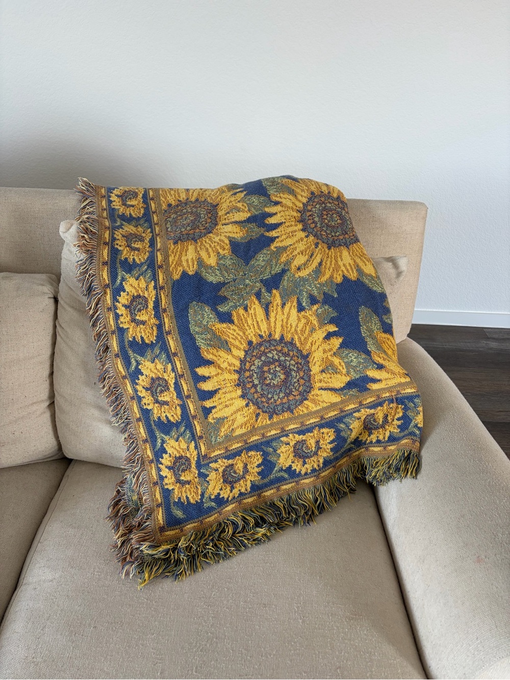 Vintage Woven Sunflower Tapestry Throw Blanket Cottagecore Fringe 45x68